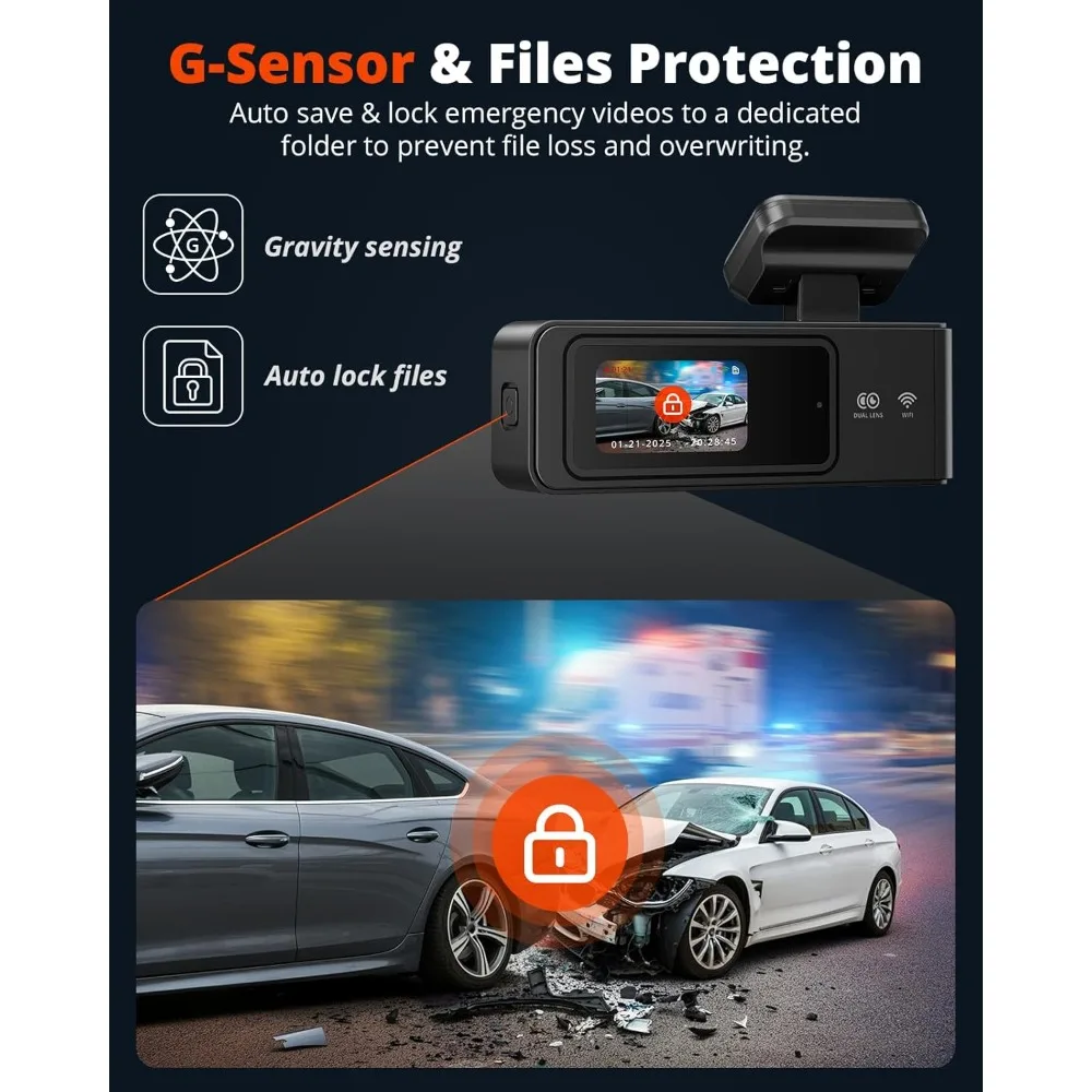 كاميرا داش لاسلكية أمامية وخلفية 2K، كاميرا واي فاي APP للسيارات مع شاشة 1.5 بوصة، كاميرا داش صغيرة أمامية وخلفية تدعم G-Sens #5