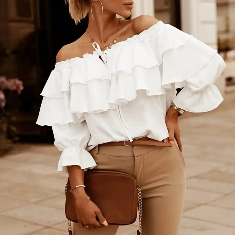 Women Fashion Slim Blouse Tops Fashion Solid Summer Off Shoulder Shirts Half Flounce Sleeve Chiffon Blouses Ruffles Tie-Up Tops