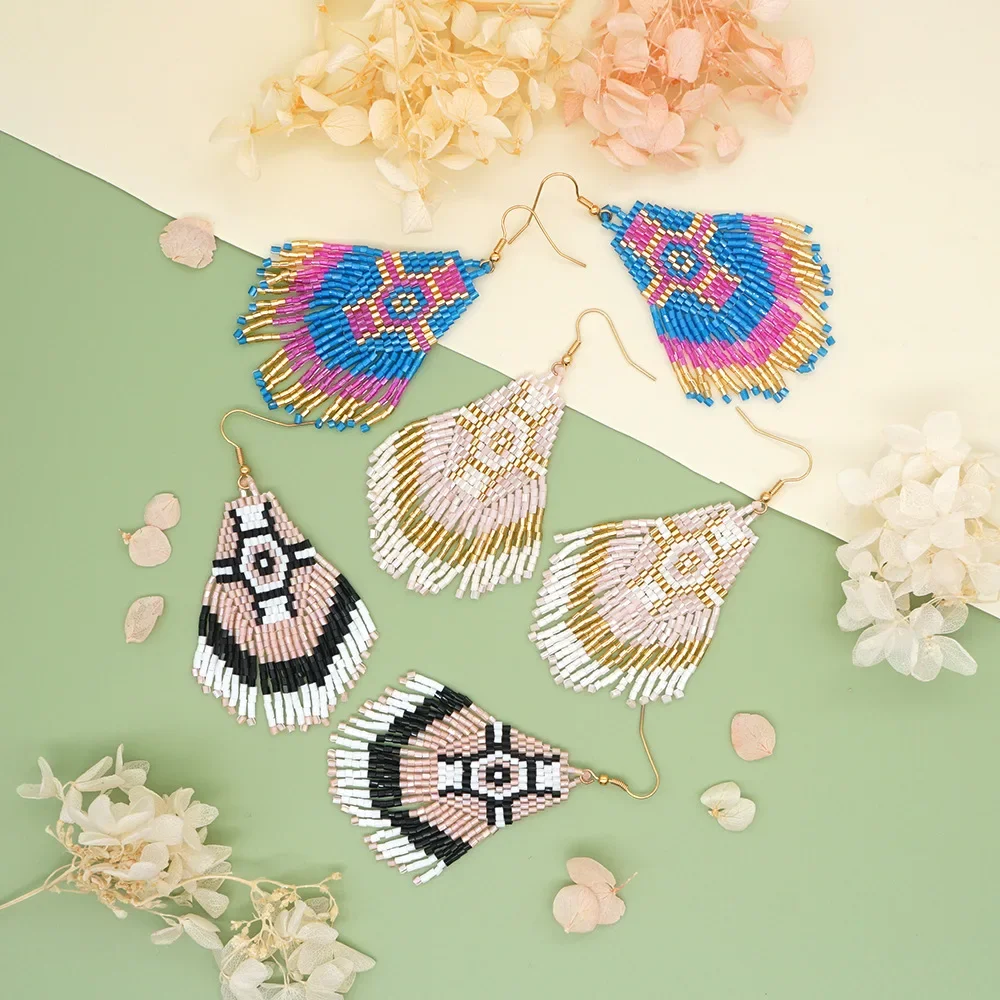 

Fringe Earrings Hand knitting Versatile diamond Beading Simple Bohemia geometry alloy ma'am Rice Bead Earrings