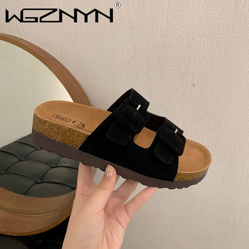 Summer Women Sandals Flats Cork Slippers Casual Shoes Fashion Leather Buckle Beach Slides Flip Flop Luxury Designer Slippers