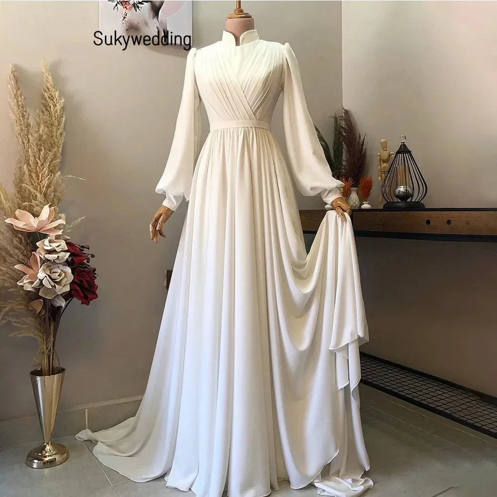 Robe de Mariée Musulmane en Mousseline de Soie à Manches sulf, Hijab Islamique à Col Haut, pour les Patients, Personnalisée