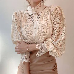 2024 new summer women's lace hollow lace long-sleeved stand-up collar cotton versatile blouse