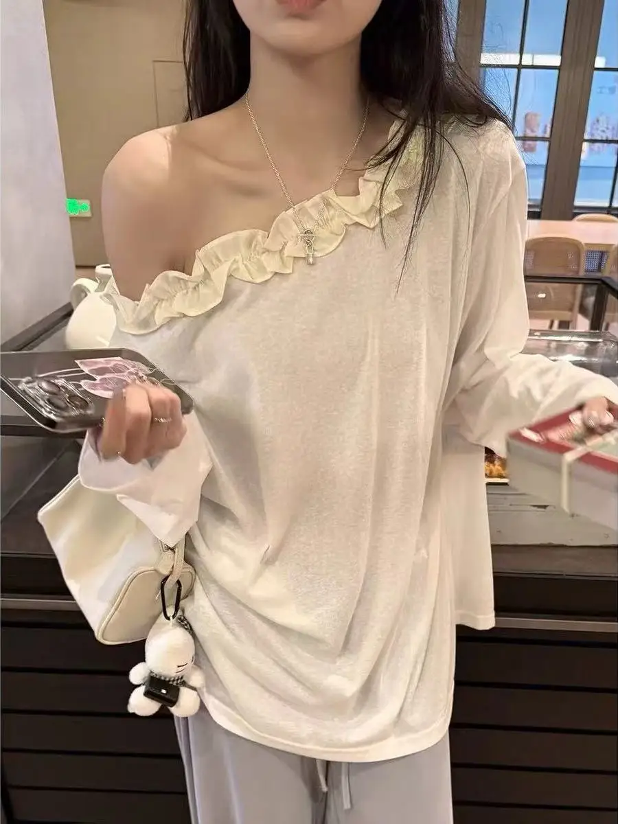 

Женская футболка больших размеров в корейском стиле с открытыми плечами, длинным рукавом, вставками и узором под дерево, весенний облегающий топ