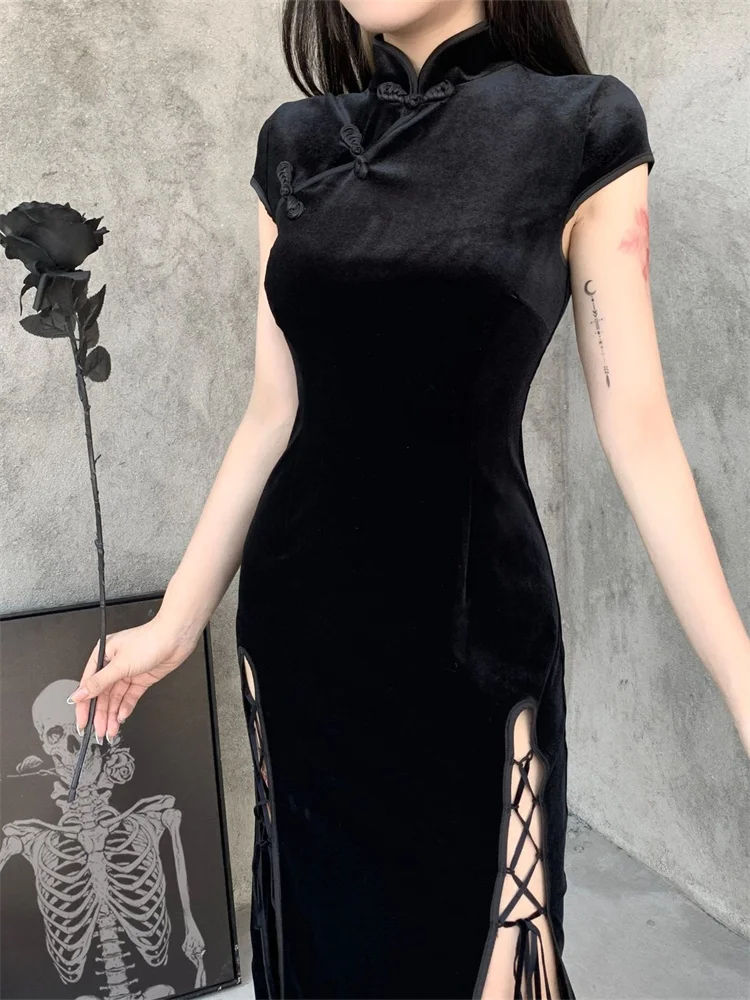 2025 Vintage Black Bandage High Split Velvet Dress Chinese Style Cheongsam Spring Retro Long Qipao Gothic Women Aesthetic Dress