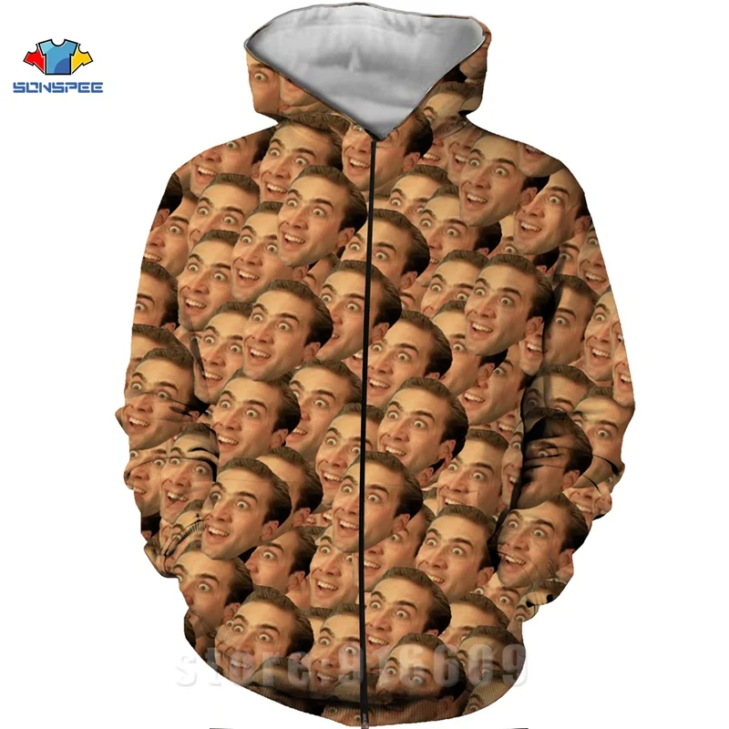 Harajuku Zip Hoodie Hot Sales Nicolas Cage Hoodies 3D Print Funny  Crazy Face Hoodie Hip Hop Sweatshirt Zipper Men Women Coat