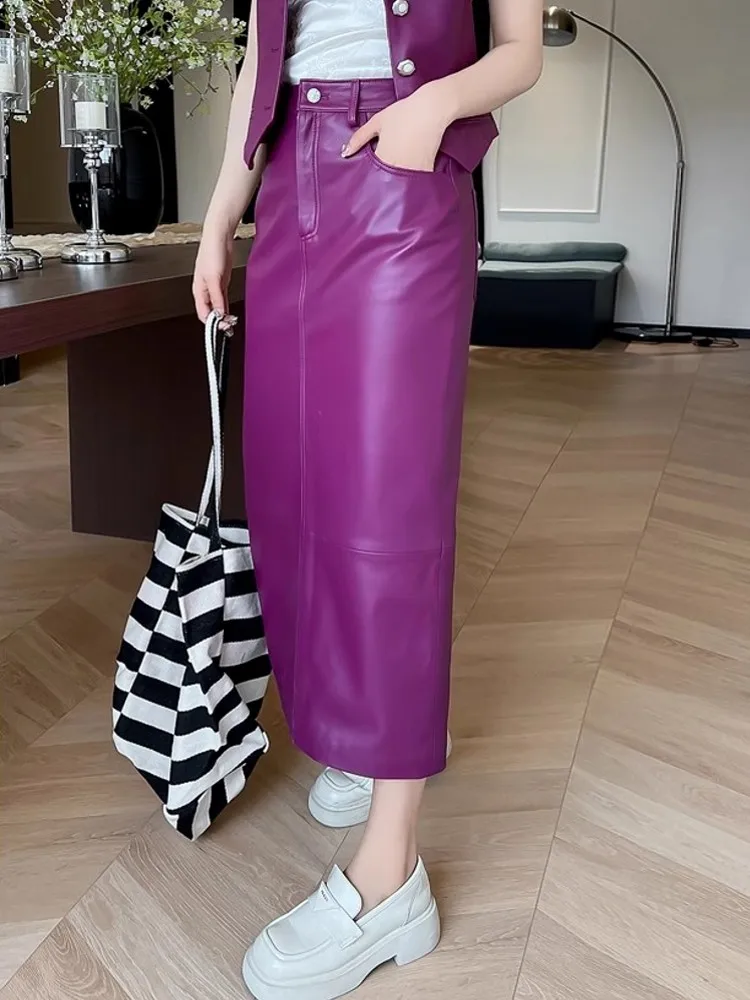 New Elegant Women Slim Fit Mid Calf Long Sheepskin Genuine Leather Skirt Office Ladies Autumn Work Wrap Pencil Skirts Purple 4XL