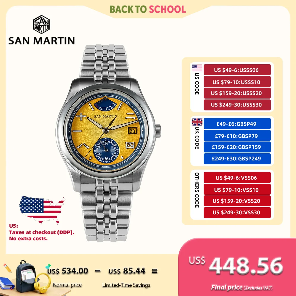 

San Martin 39mm 9132 Chinese Characters Dial Men Watch Mechanical Elegant Bubble Sapphire 5-Link Bracelet BGW-X1 SN0144DG