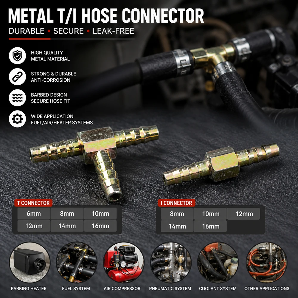 Metal T/I Hose Barb Connector 6-16mm Fuel Air Diesel Heater Hose Fitting for Automotive Accessories