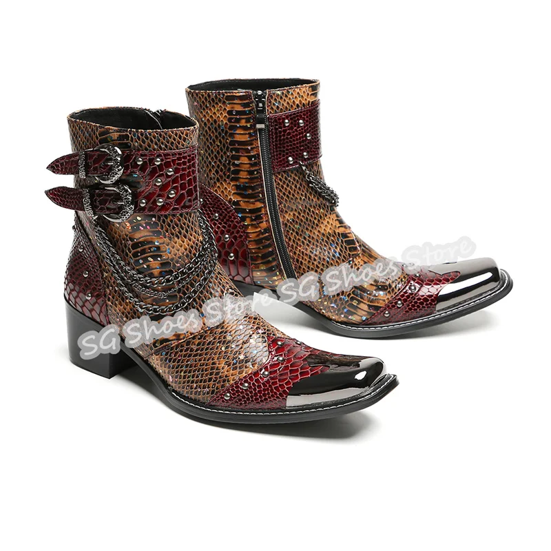 

Punk Rivet Metal Chain Decor Motorcycle Boots for Men Belt Buckle Metal Pointed Toe Chunky Heel Male High Top Boots Dress Shoes