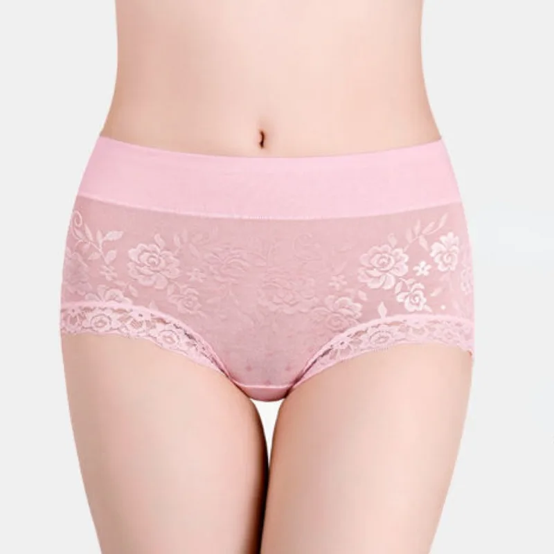 4 Pairs of Cotton 100% Cotton Panties Women's Mid-rise Large Size Antibacterial Sexy Lace Graphene Bacteriostatic Underwear