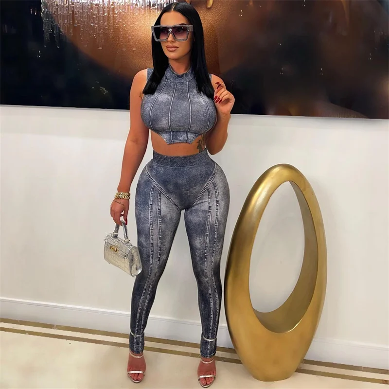 Streetwear Fake Denim Print 2 Piece Sets Women Outfit 2023 Summer Bodycon Crop Top and Pant Sets Festival Clothing Matching Sets