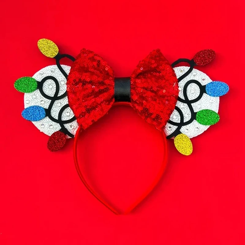 Bando telinga Mickey Mouse, aksesori rambut Disney untuk wanita, permen, bando telinga Natal