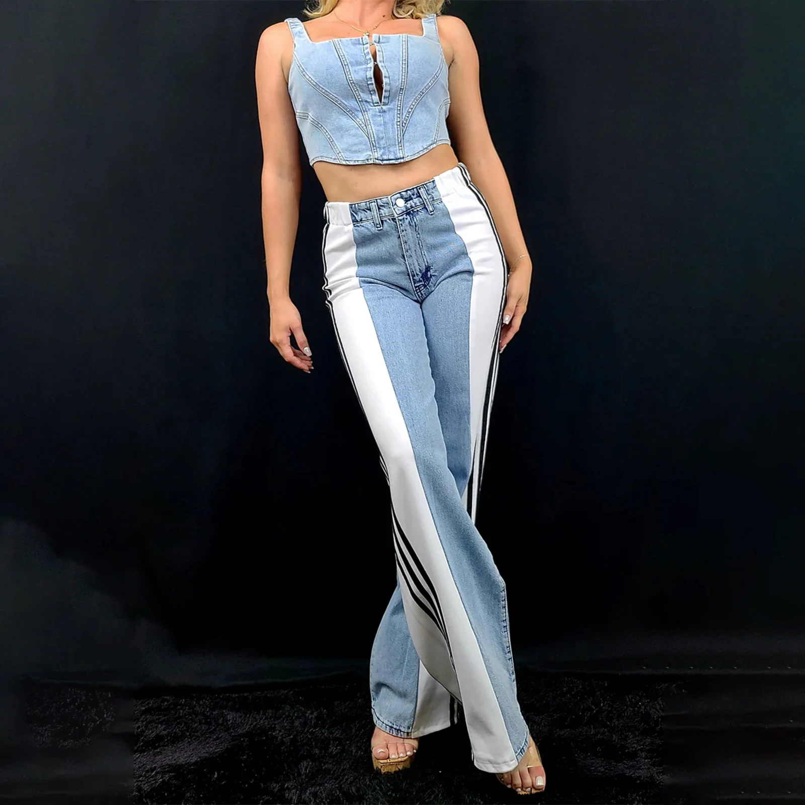 

Women Y2K Aesthetic Baggy Jeans Long Pants Button High Waist Loose Wide Leg Side Striped Denim Trousers with Pockets