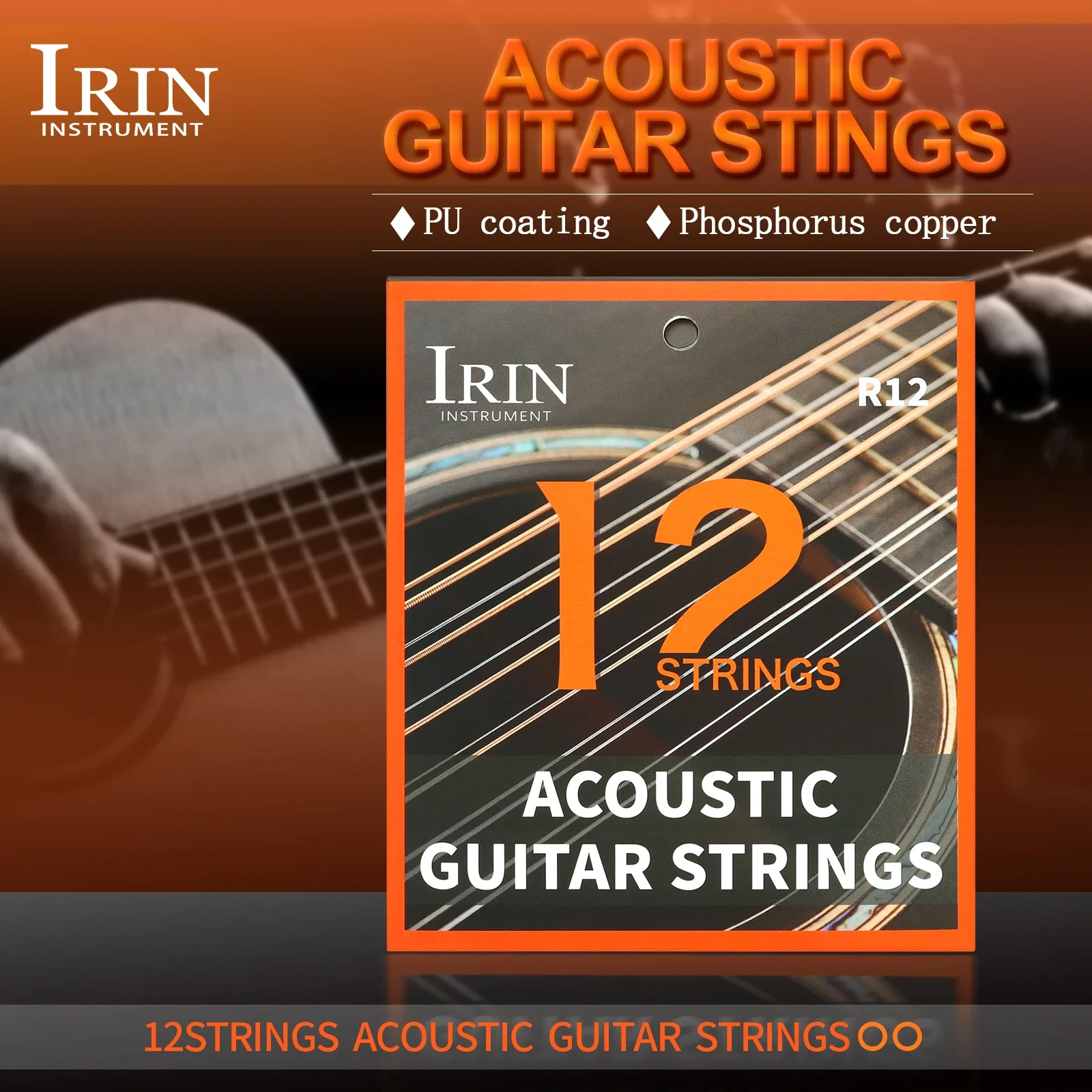 IRIN 12-string Acoustic Guitar Strings in Phosphor Bronze with PU Coating Acoustic Guitar Strings Folk Guitar Accessories Parts