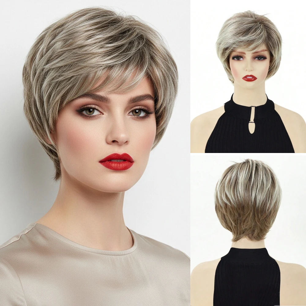 

Layered Short Straight Wig with Bangs Synthetic Highlights Blonde Hair for Women Natural Daily Cosplay