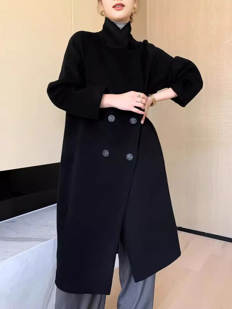 SHENGPALAE Vintage Long Woolen Coat For Women Lapel Full Sleeve Double Breasted Spliced Pockets New 2024 Female Clothing 5C1860