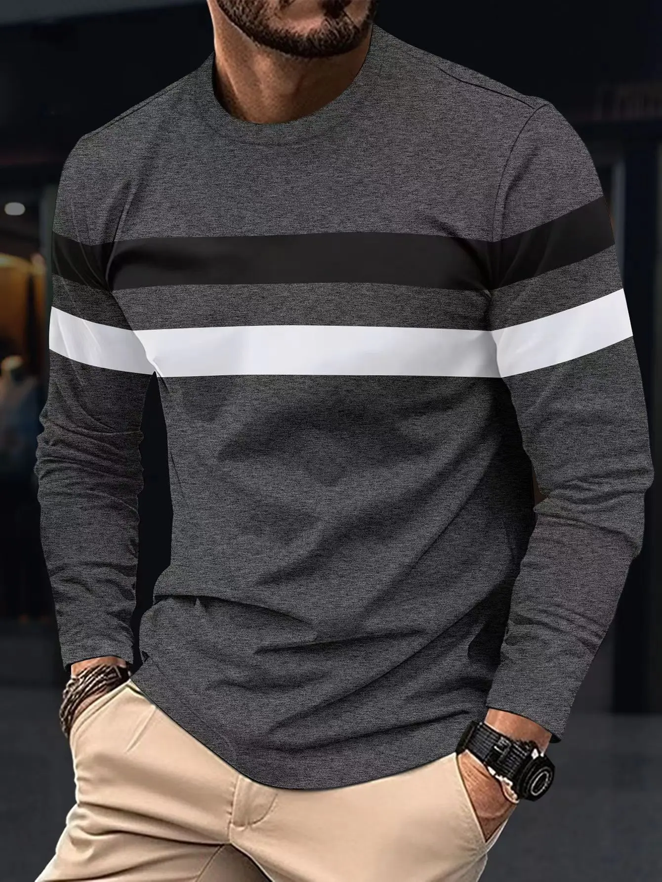 2024 Spring and Autumn New Men\'s Casual Round Neck Long Sleeve T-shirt Color Blocked Fashion Sports Base Shirt Thin Top