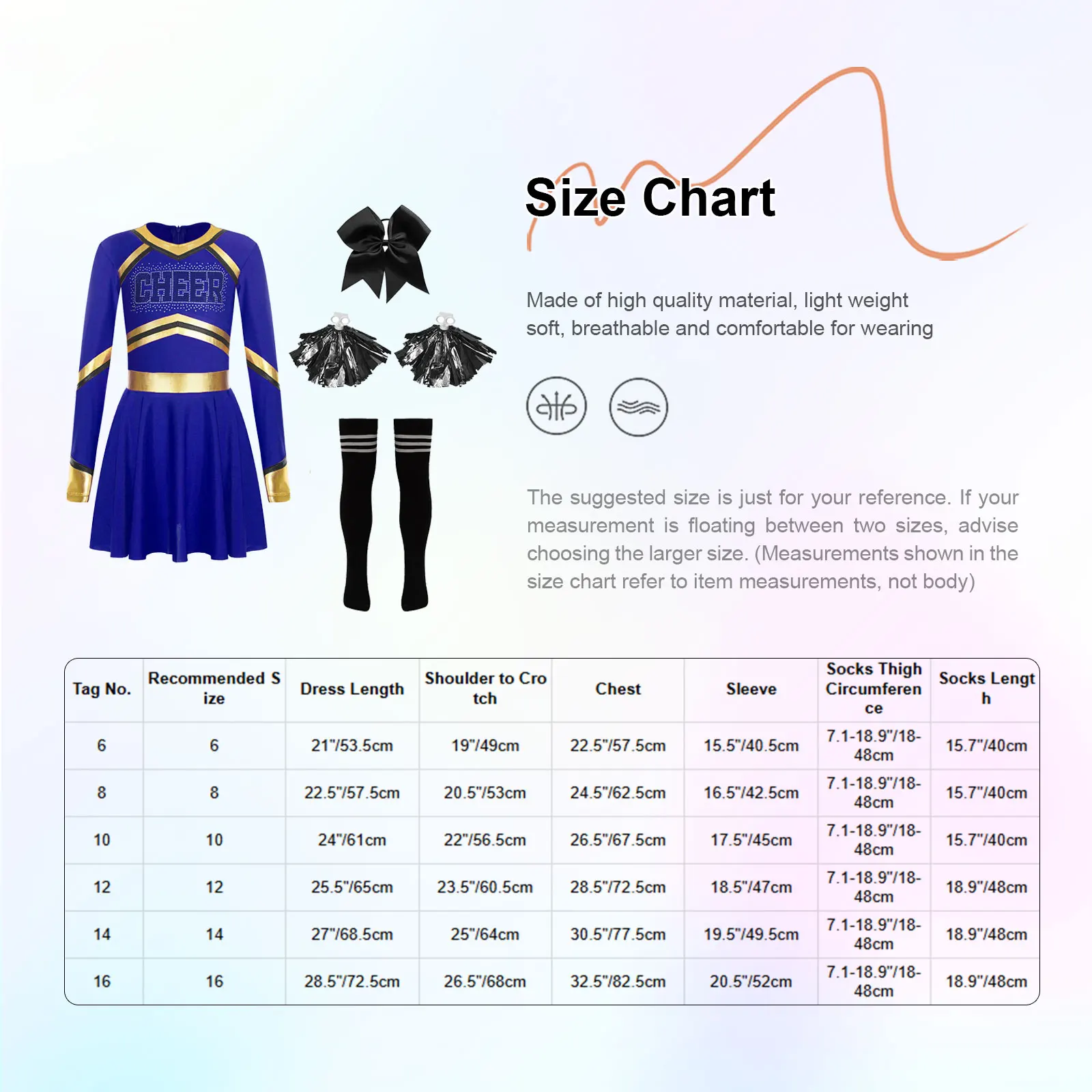 Kids Girls Cheerleading Dance Uniform Shiny Rhinestones Contrast Color Long Sleeve Dress+Bowknot Hair Band+Flower Balls+Socks images - 6