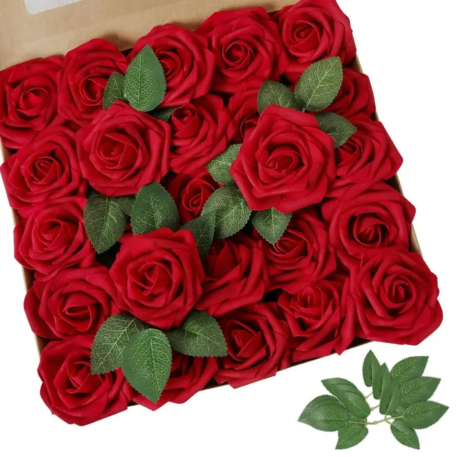 

Artificial Flower Dark Red Rose 100pcs Real Looking Fake Roses w Stem for DIY Wedding Bouquets Centerpieces Arrangements Party B