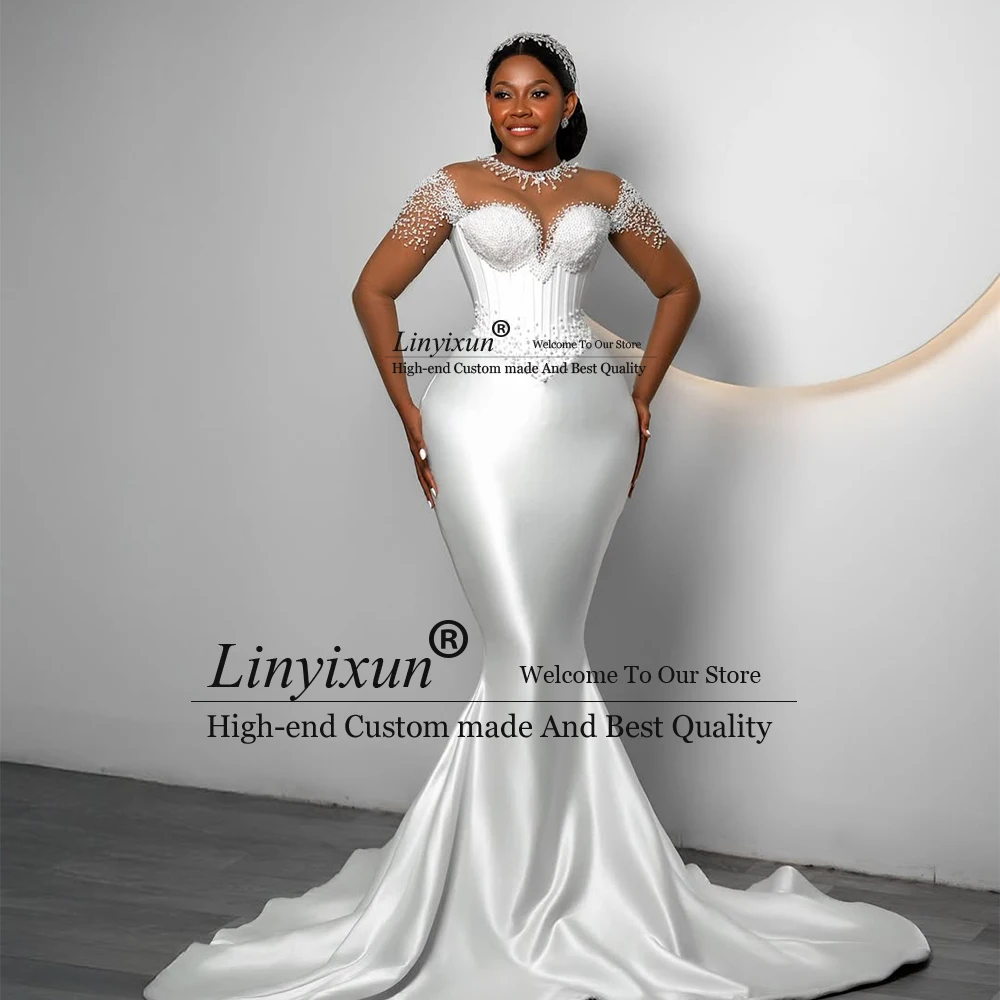 

Luxury Satin Mermaid Wedding Dresses for Women Pearls Sweetheart Wedding Bridal Gowns Customized Court Train женское платье