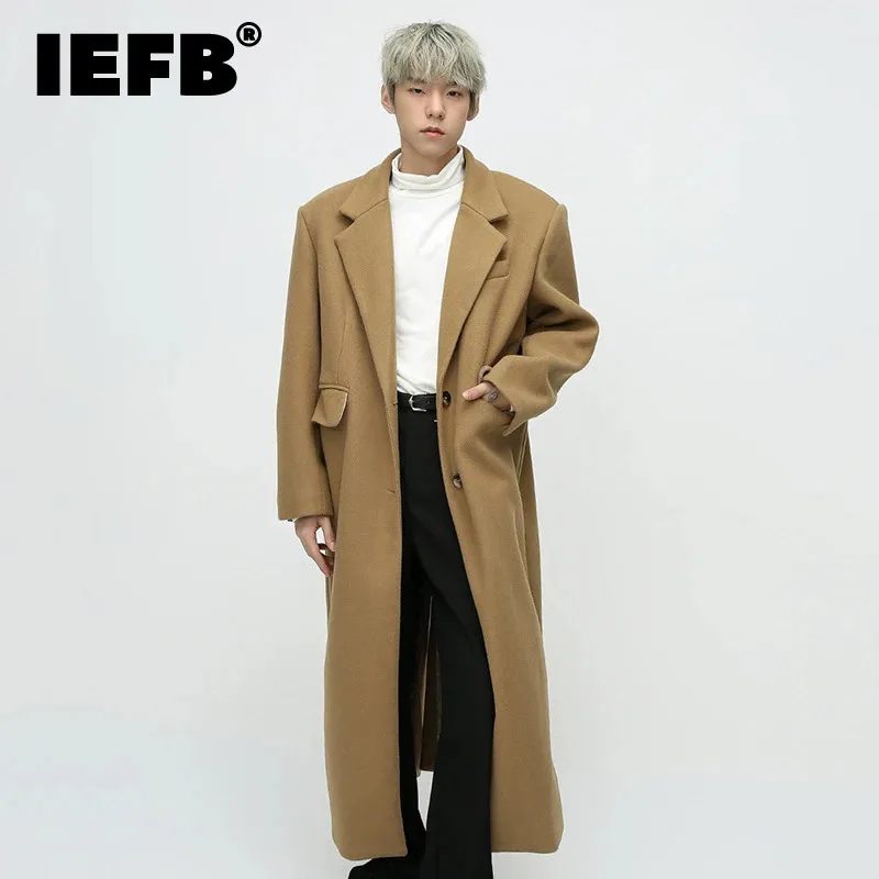 

IEFB Korean Style Men Woolen Coat New Winter Solid Color Simple Knee Length Outerwear Shoulder Padded Design Male Top 9C3549