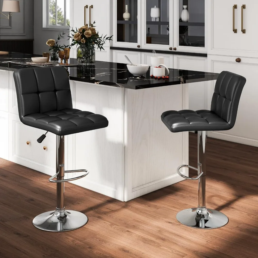 Adjustable Leather Swivel Bar Stools Set of 2 for Kitchen Island or Cafe, Black