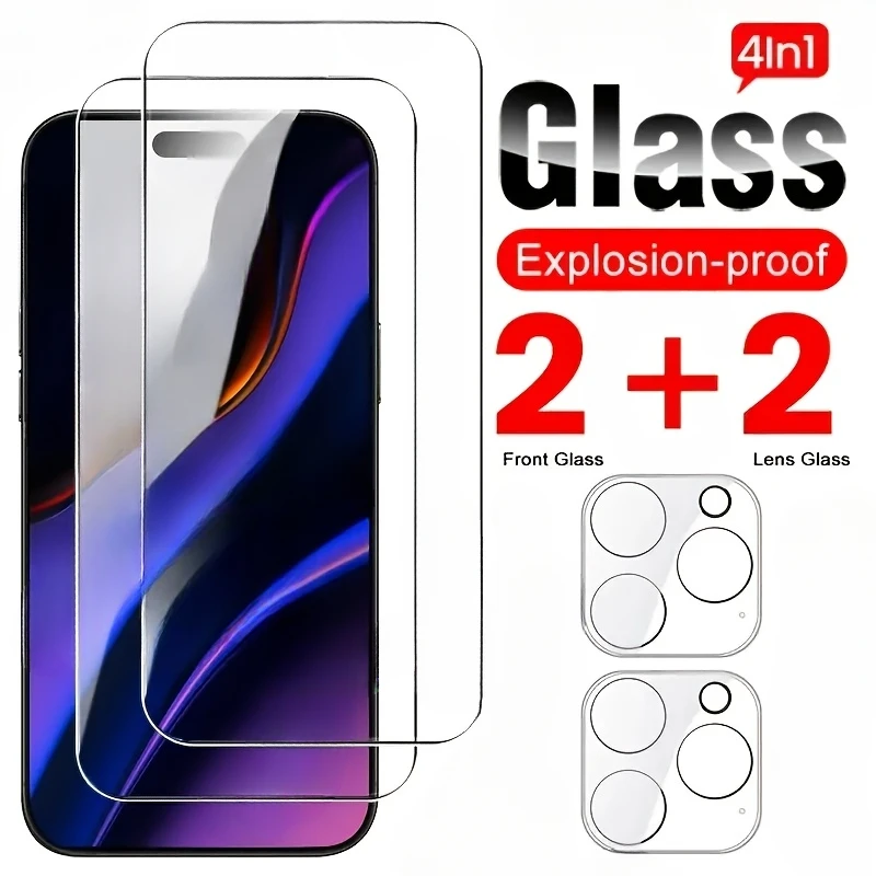 

4IN1 Tempered Glass for iPhone 16 13 15 14 13 Pro Max 17 Pro Max Camera Lens Screen Protector For iPhone 16 15 Plus 14 12 15 Pro