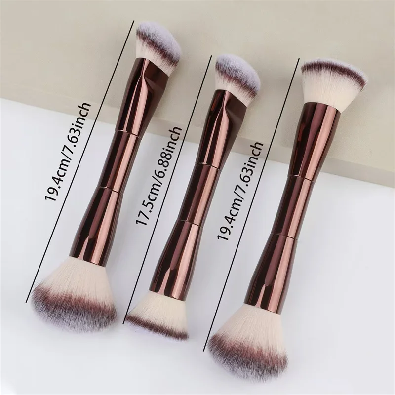 2 in 1 Double Head Makeup Brushes Ultra Soft Bristles Portable Powder Foundation Contour Blush Brush Aluminum Handle Makeup Tool