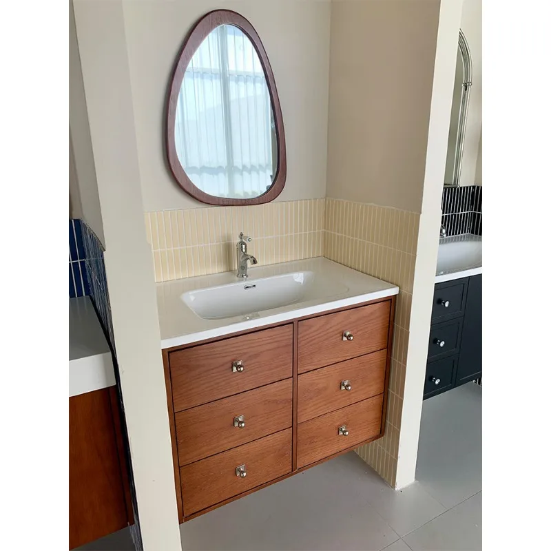 Medieval style rubber wood paint bathroom cabinet combination ceramic integrated basin washstand