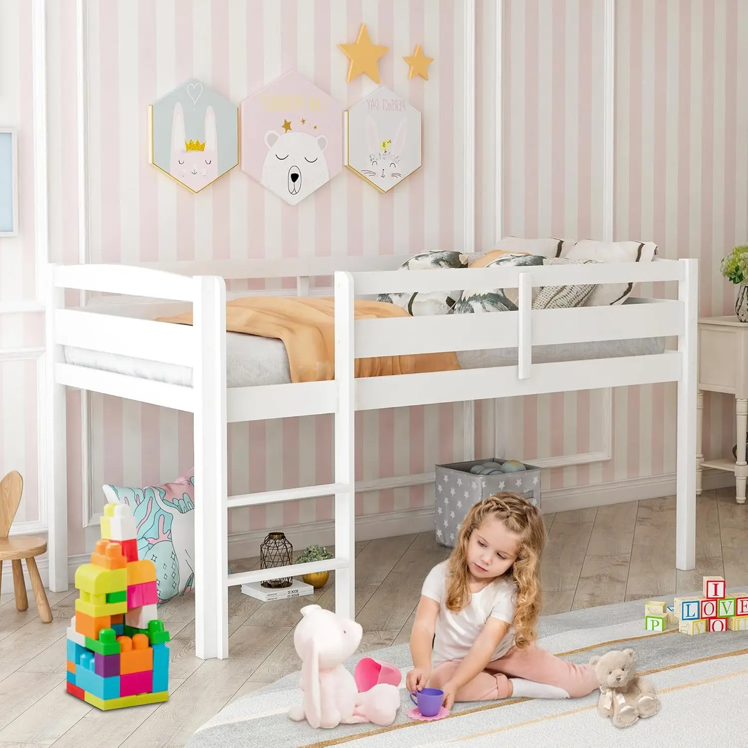 

Lostcat Low Loft Bed Twin Size, Twin Loft Bed Frame With Ladder And Safety Guardrails For Kids, Space Saving Twin Size Loft Bed