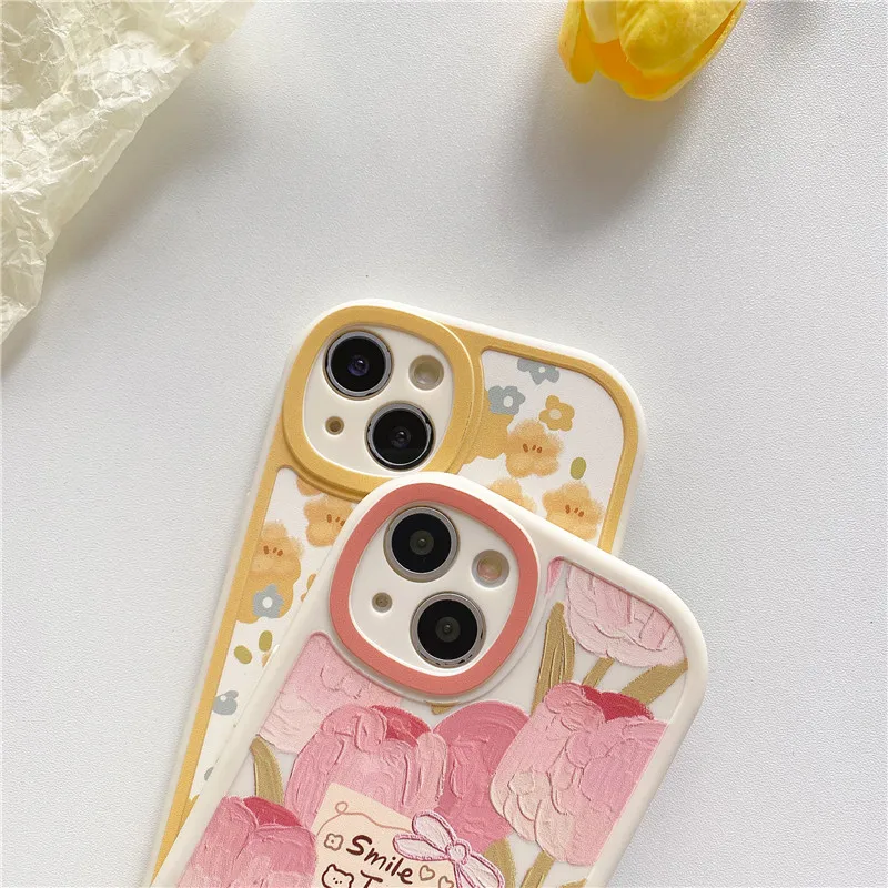 Fashion Photo Frame Oil Painting Jasmine Tulip Flower Cartoon Phone Case For iPhone 14 13 12 11 Pro Max 14Plus 7 8 X XR XSMax