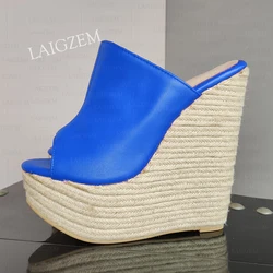 LAIGZEM Women Platform Wedges High Heels Peep Toe Mules Faux Leather Slip On Handmade Ladies Shoes Woman Plus Size 39 43 45 47