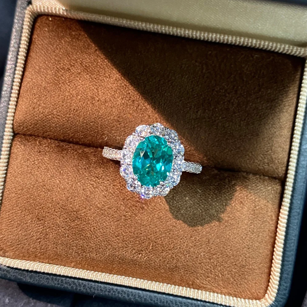 3-Carat Cultivated Paraiba Egg-Shaped S925 Silver New Temperament Versatile Niche Designer Full Diamond