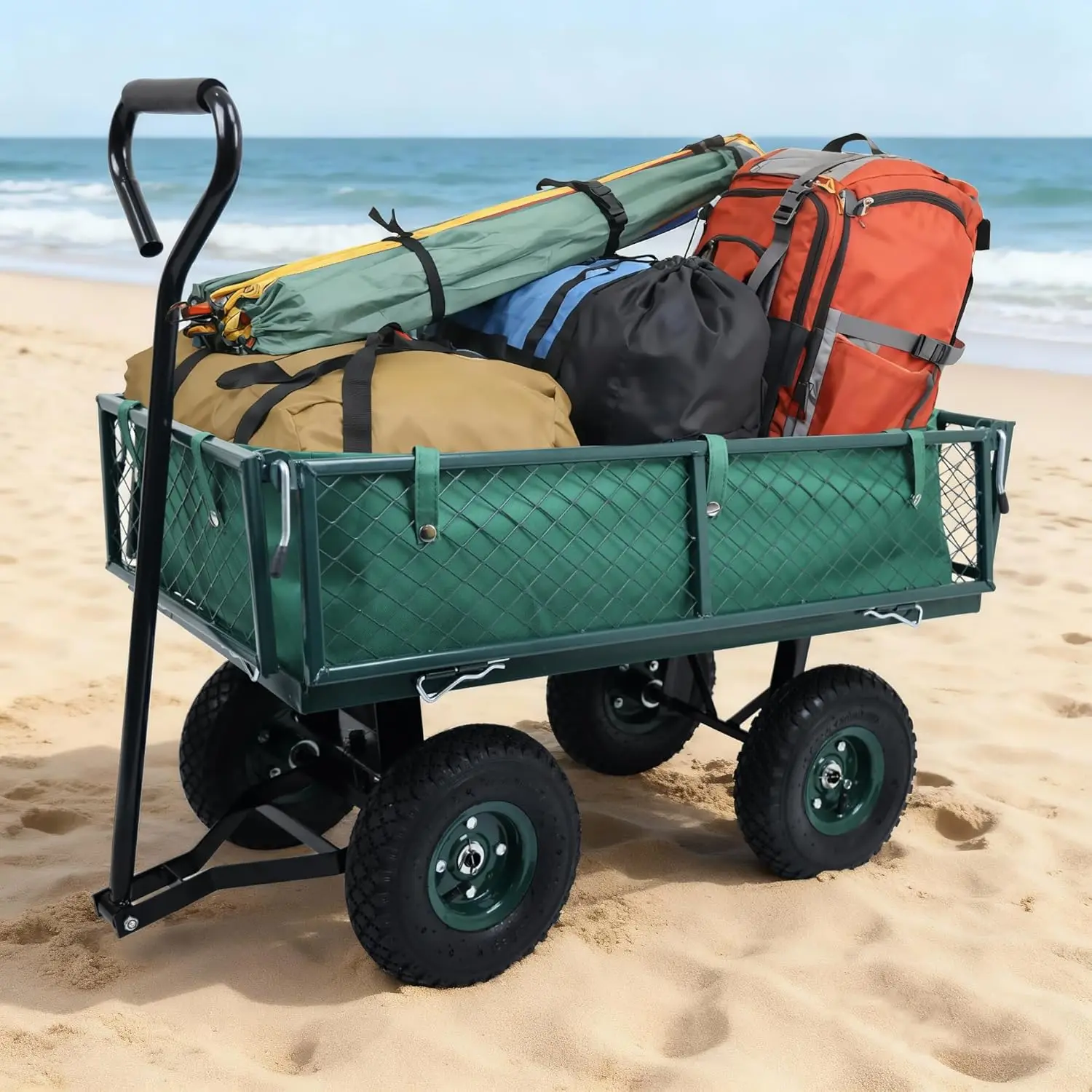 

Utility Wagon Cart Green | 10" Wheels & Removable Sides for Easy Yard Cleanup Gardening and Grocery Shopping