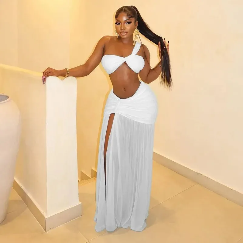 

Women's One-Shoulder Strap Crop Bra Tops & Gauze Spliced Draped Split Long Skirt, 2pcs Set