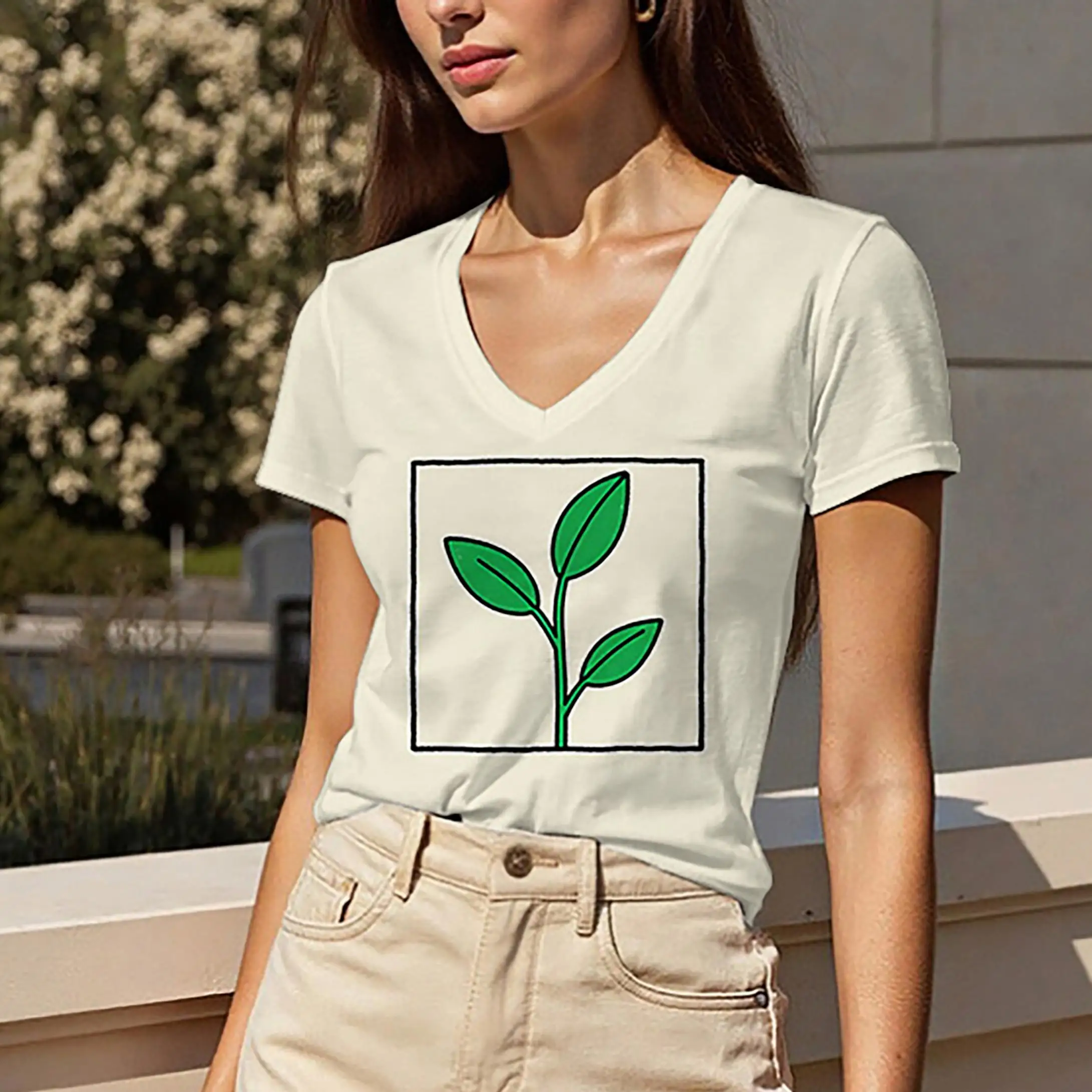 T-shirt z krótkim rękawem i dekoltem w serek o regularnym kroju, letnia odzież damska, standardowa długość, damski top z wzorem liści.