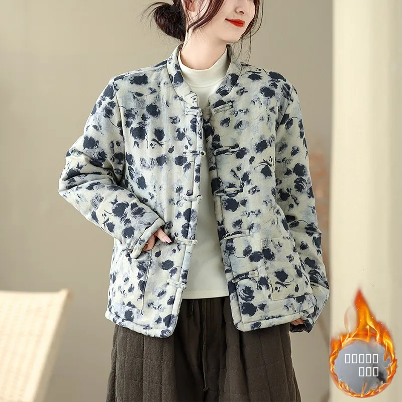 

New Chinese Sle Women's Cotton Jaet with Embroidered Print And Thermal Cotton Inner Filling Button Design Zen Spirit