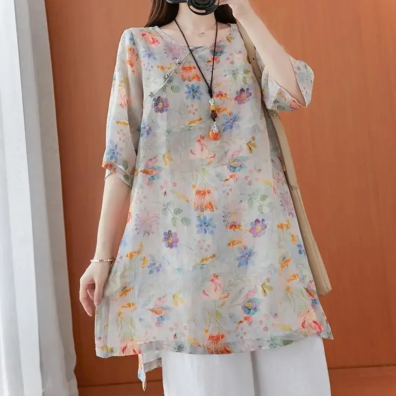 Chinese Style Modified Hanfu Printed Thin Soft Top Women Retro Buttoned O-Neck Slanted Placket Casual Loose Midi Artistic Shirt