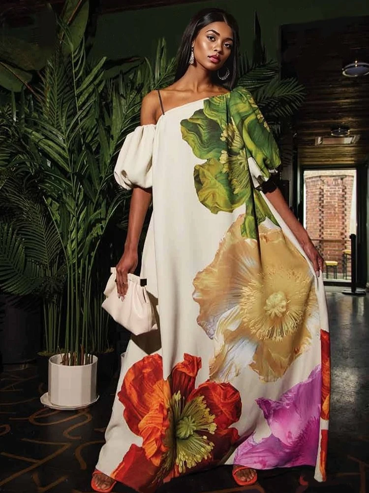 FLAXMAKER Vintage Floral Printed Open Shoulder Maxi Dress Women Summer Sexy Slanted collar Floor-Length Dresses Vestidos