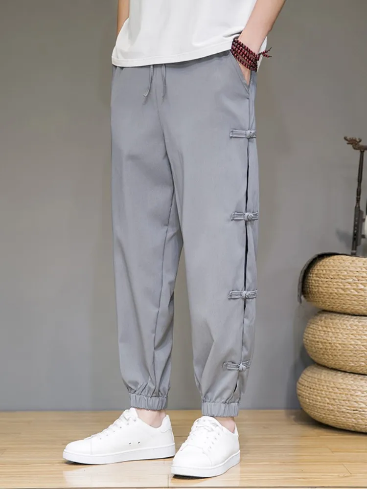 

Мужские повседневные брюки из ледяного шелка: летние, тонкие, свободные, с манжетами, в стиле ретро, на пуговицах, зауженные, фасона «харем», дышащие, комфортные, легкие