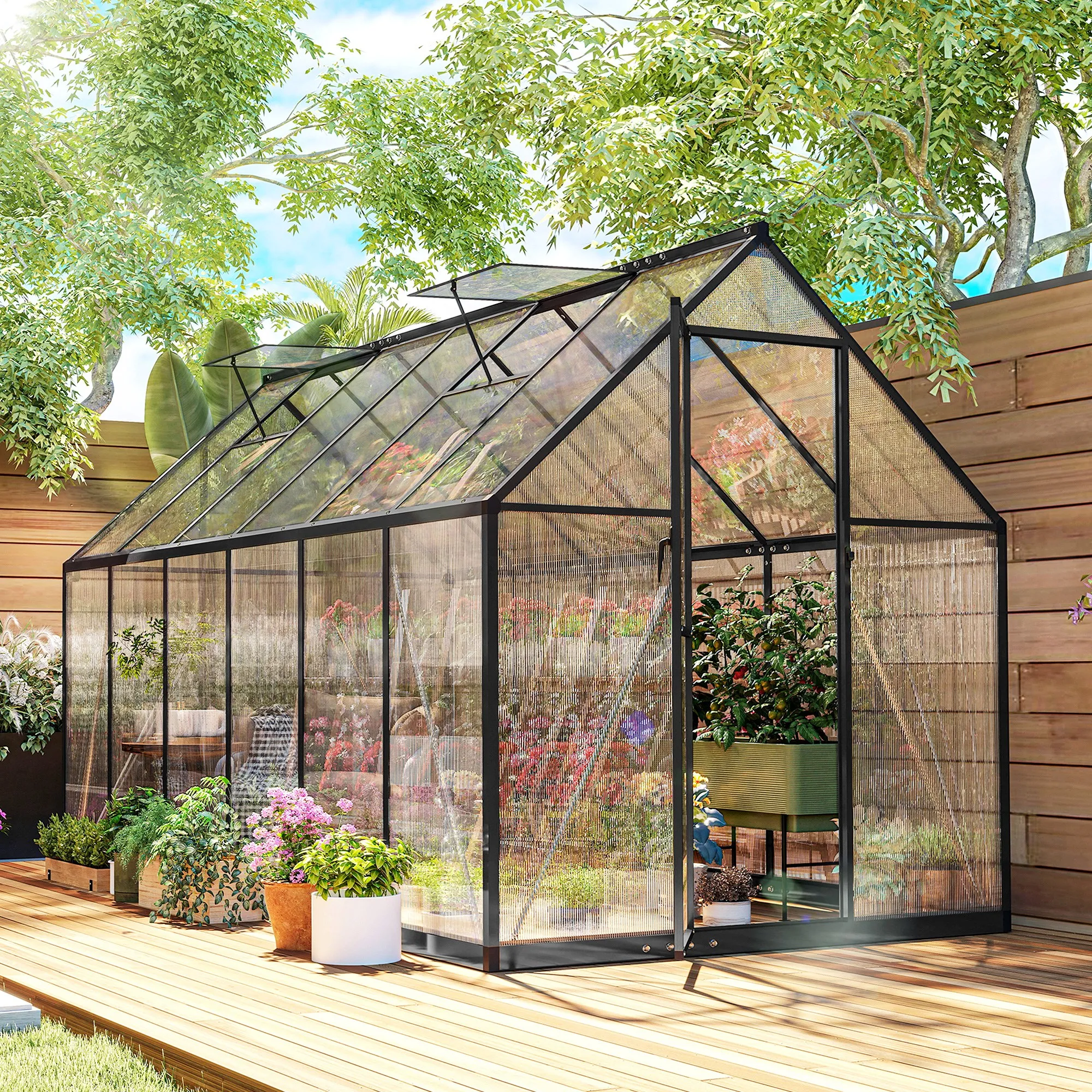 

Polycarbonate Greenhouse with Swing Door and Two Adjustable Roof Vents, Aluminum Walk-In Greenhouse, 11X6 Ft, Black