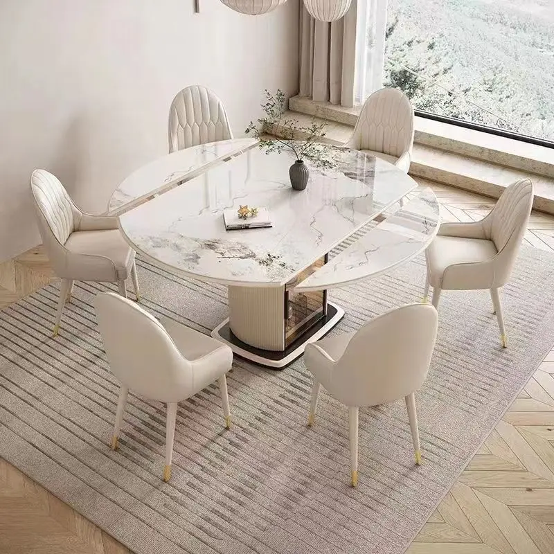 Cream Style Rock Slab Modern Minimalist Household Small Apartment Retractable Folding Storage Round Dining Table