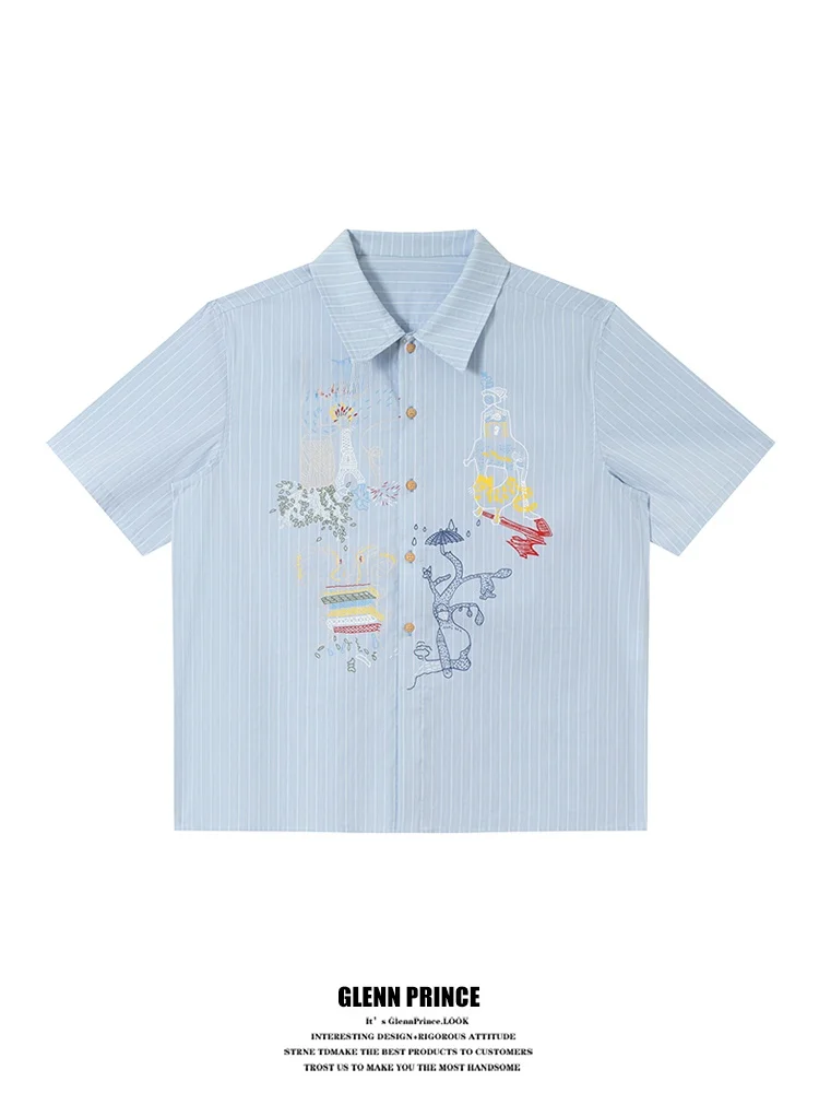 

GPstudio American Street fiti Print Stripe ort Sve Мужская летняя рубашка свободного кроя с принтом, дышащая, из хлопка