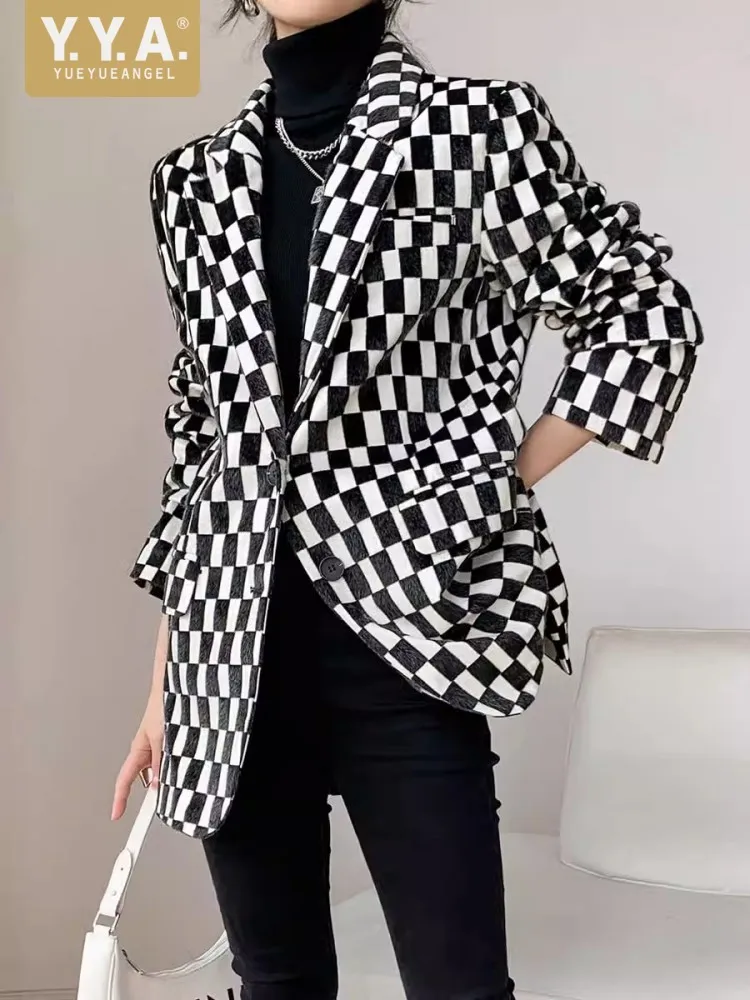 Designer Oversized Blazer Office Ladies Work Mid Long Loose Fit Plaid Suit Coat Autumn New Single Breasted High Street Jacket