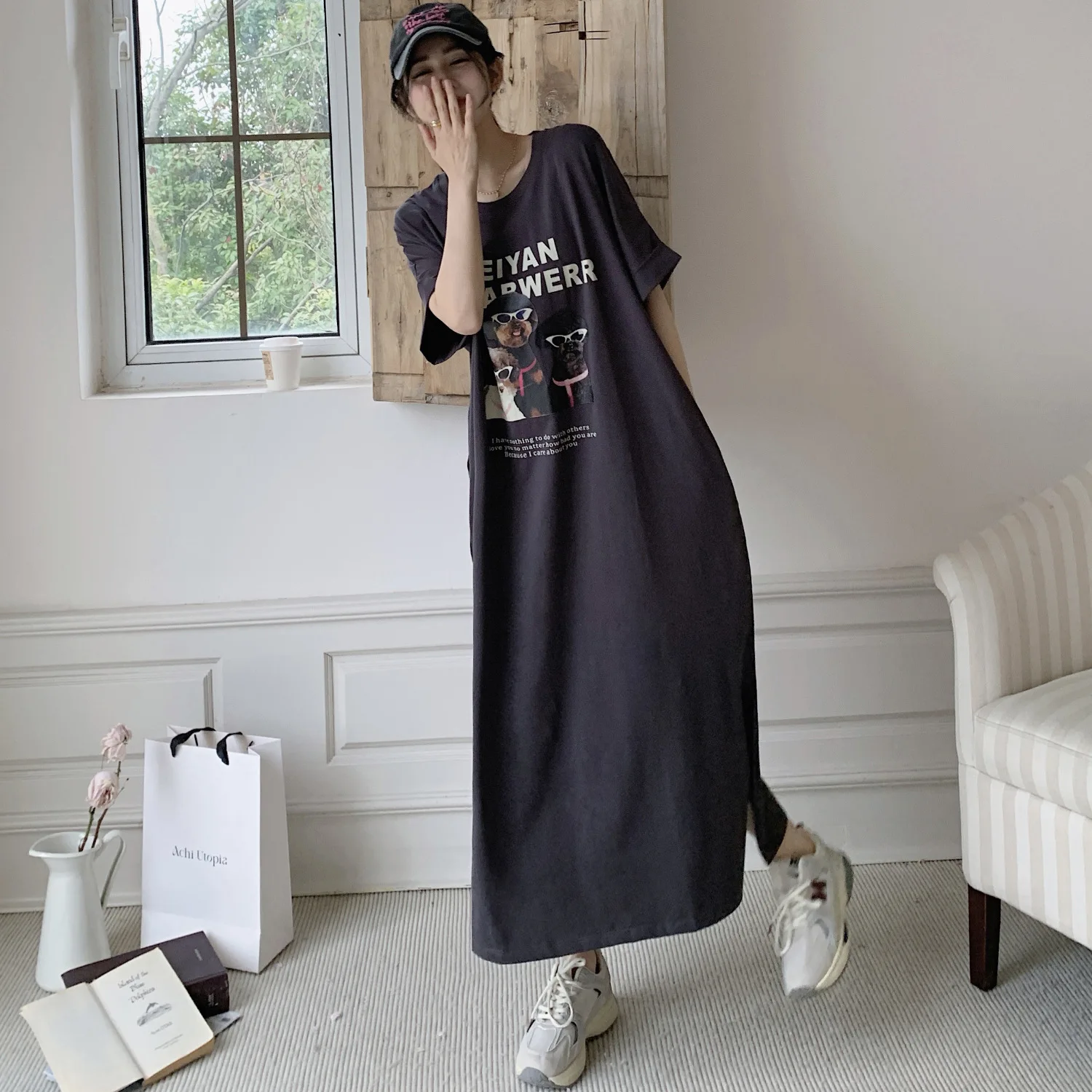 ชุดสตรีฤดูร้อนหลวมพลัสขนาดแขนสั้นการ์ตูนลูกสุนัขพิมพ์ชุดยาว Robe Ete Femme Elbise เสื้อยืดชุด