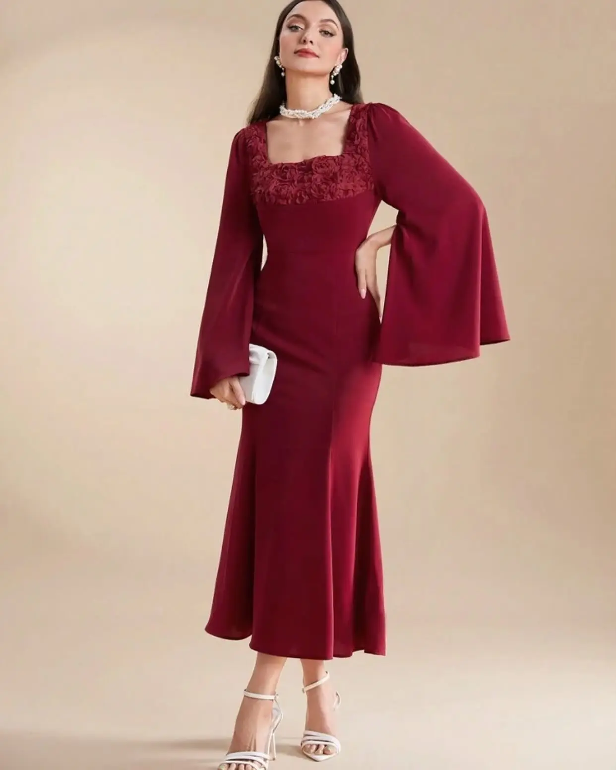 

Customized Temperament Mermaid Square Collar Flowers Evening Dresses Graceful Long Sleeves Vestido De Noche Vestido De Festa