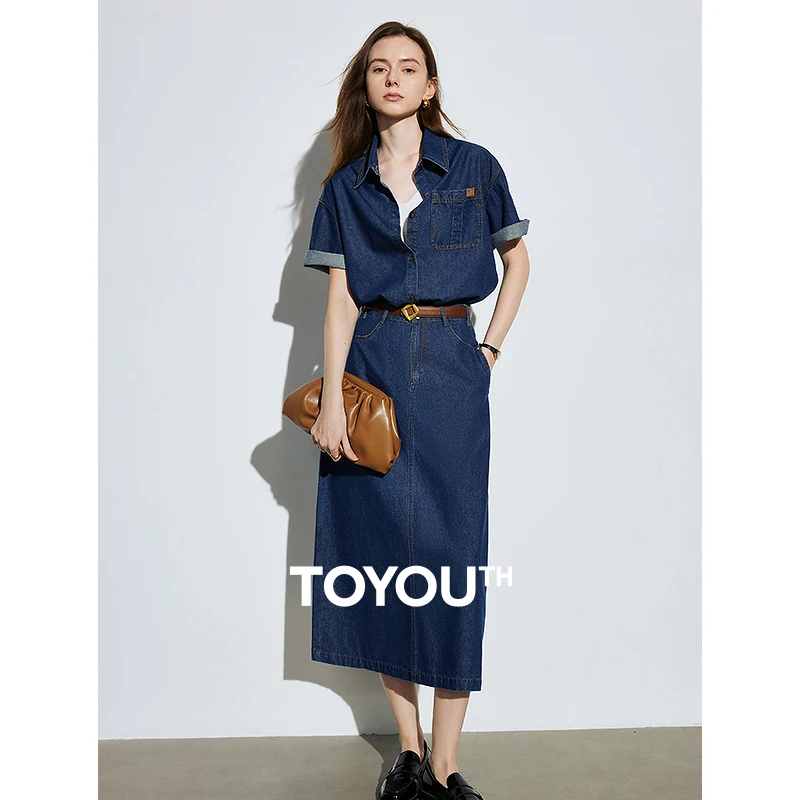 TOYOUTH Women Denim Shirt Half Length Skirt 2024 Summer New Retro Style Two Piece Set