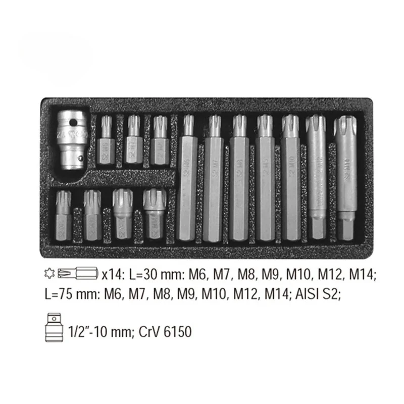 

15PC 10mm Shank Impact Screwdriver Tools Ribe Bit Set 30mm & 75mm Polydrive M6 - M14 with 1/2" DR Socket Adapter
