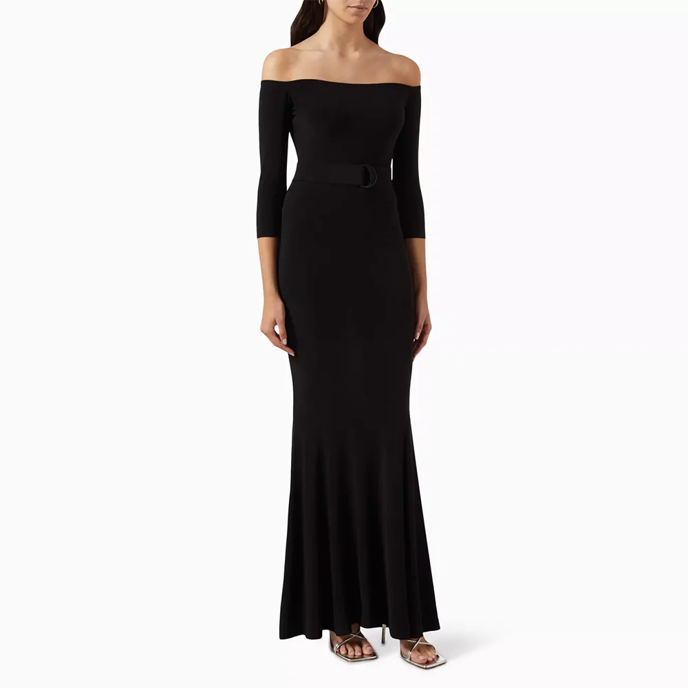 

Customized Long Evening Dresses Elegant Formal Occasion Off The Shoulder Black Prom Gowns Jersey Ankle Length Prom Dresses