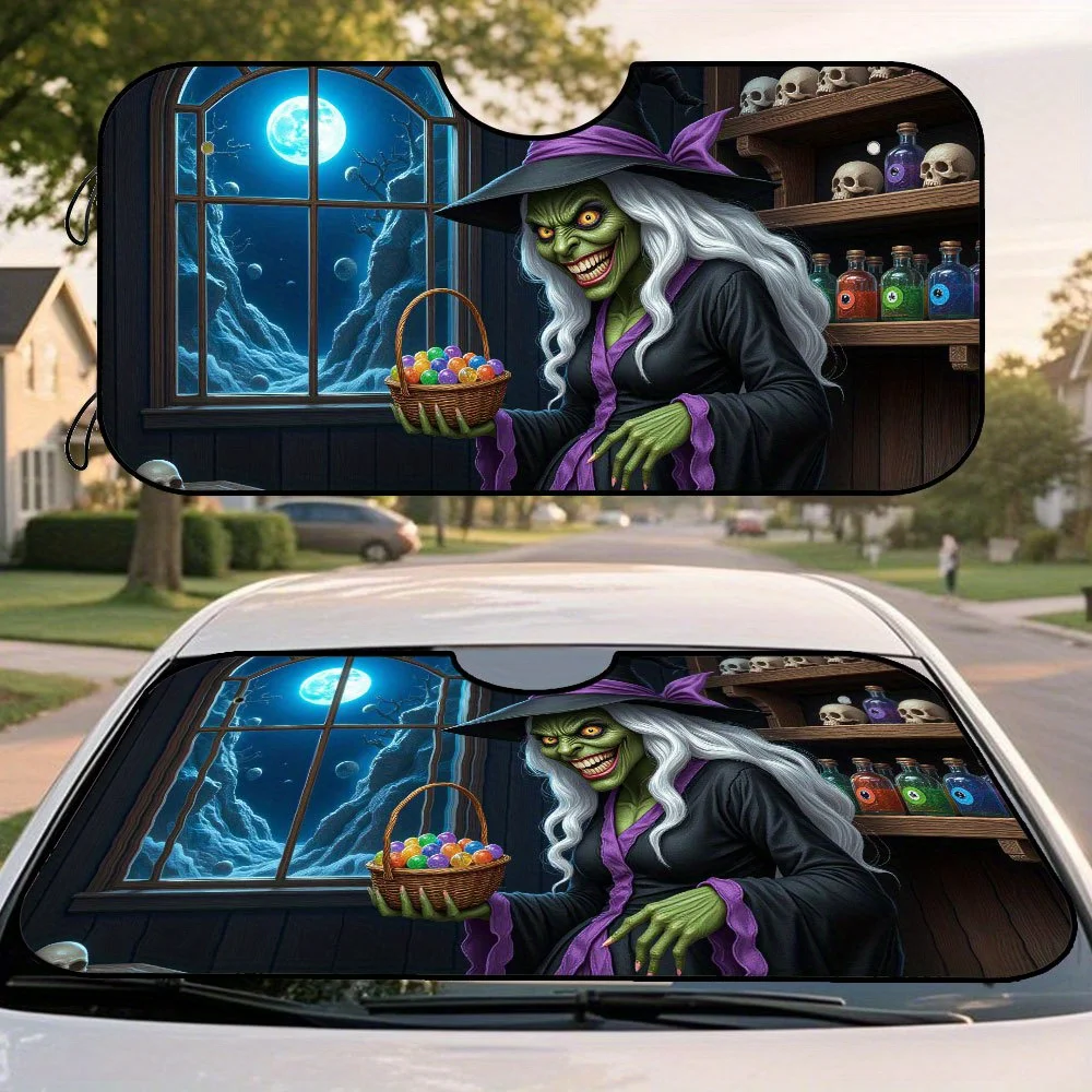 1pc Halloween Witch Fantasy Car Windshield Sunshade - Foldable UV Protection Visor Shield With Spooky Witch Art Print For SUVs,